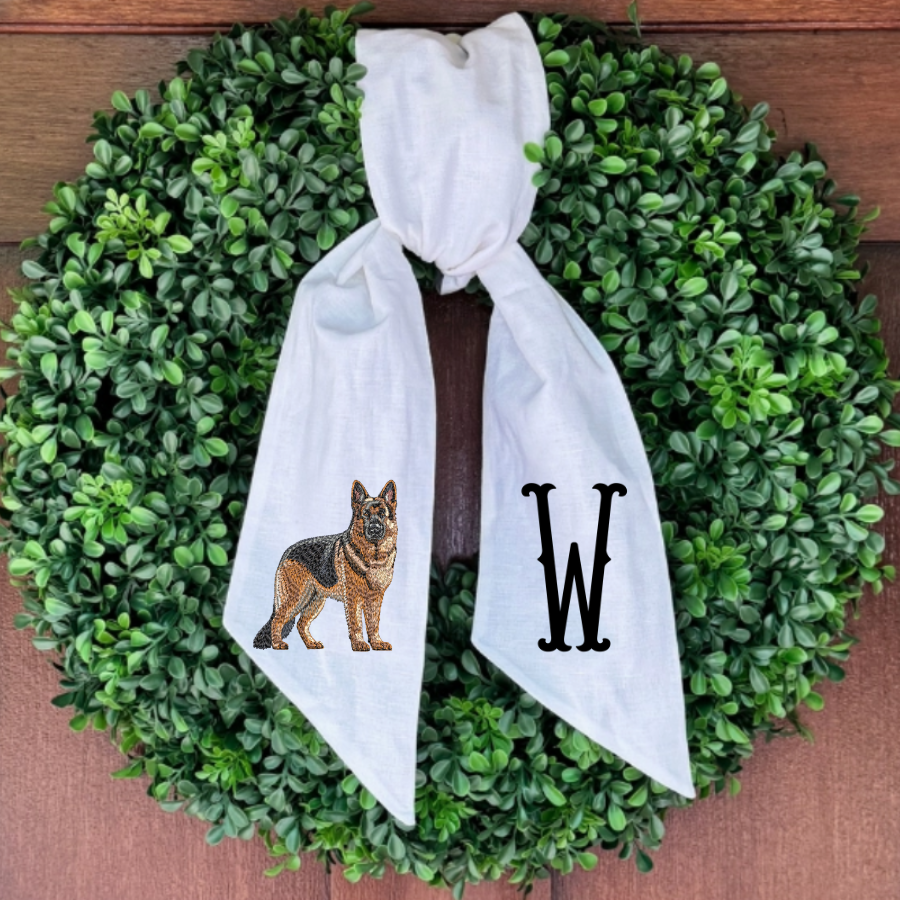 Personalized German Shepherd Wreath Sash with Monogram – Embroidered Dog Door Décor