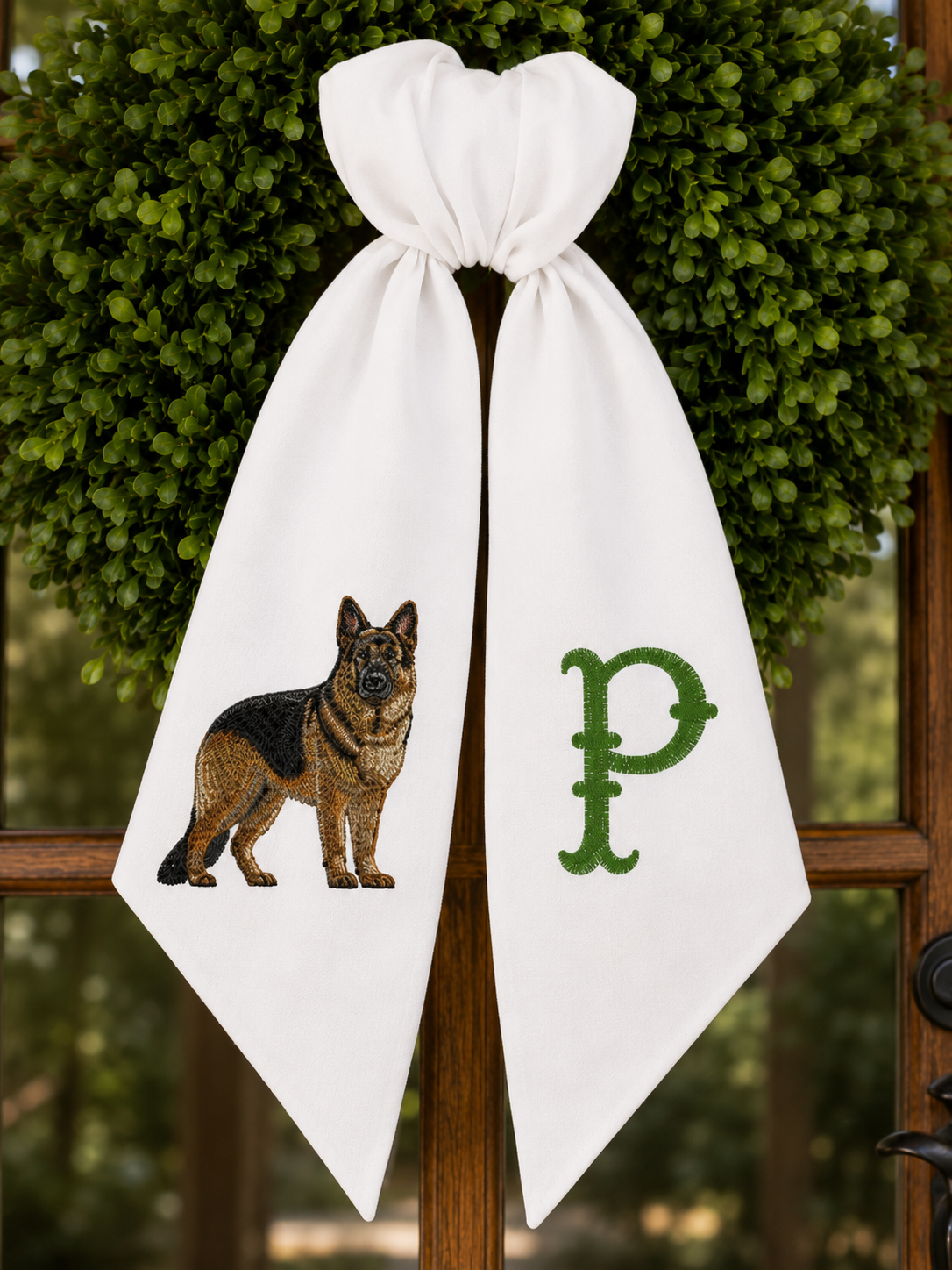 Personalized German Shepherd Wreath Sash with Monogram – Embroidered Dog Door Décor