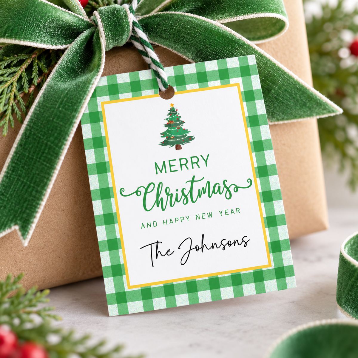 Personalized Christmas Gift Tags | Red & Green Gingham | Set of 24