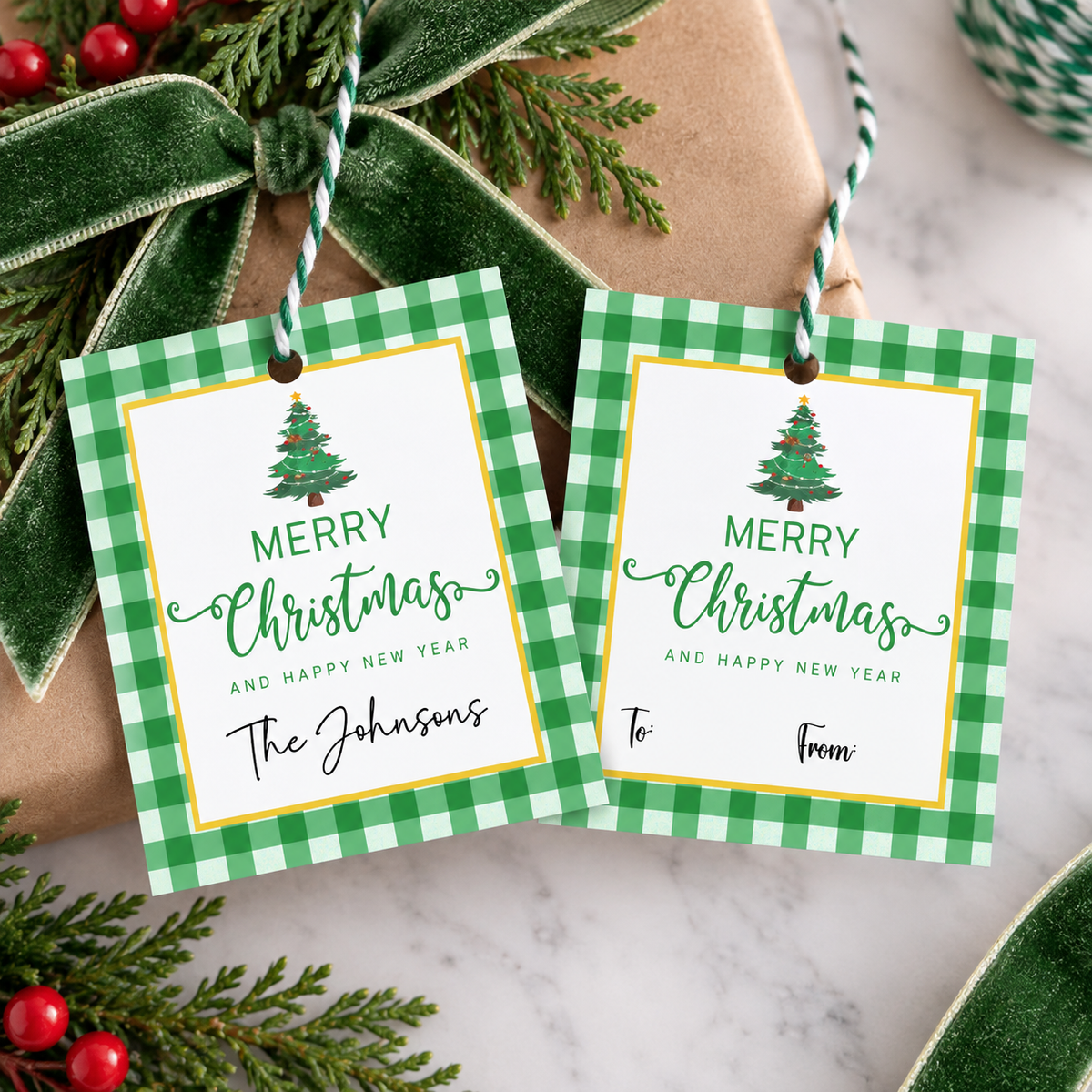 Personalized Christmas Gift Tags | Red & Green Gingham | Set of 24