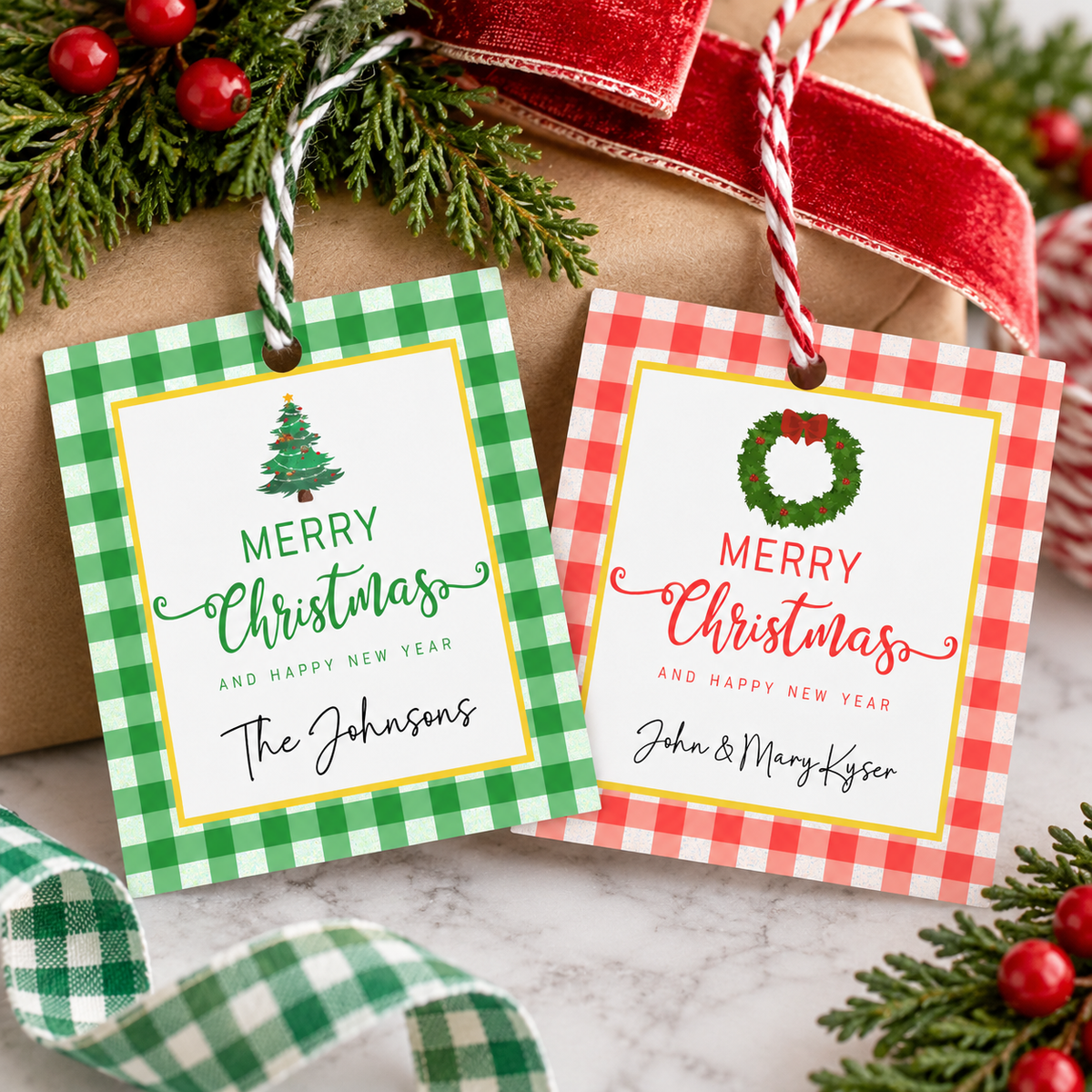 Personalized Christmas Gift Tags | Red & Green Gingham | Set of 24