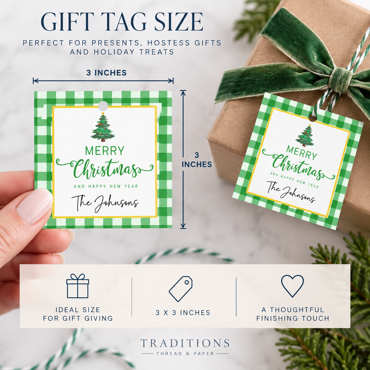 Personalized Christmas Gift Tags | Red & Green Gingham | Set of 24