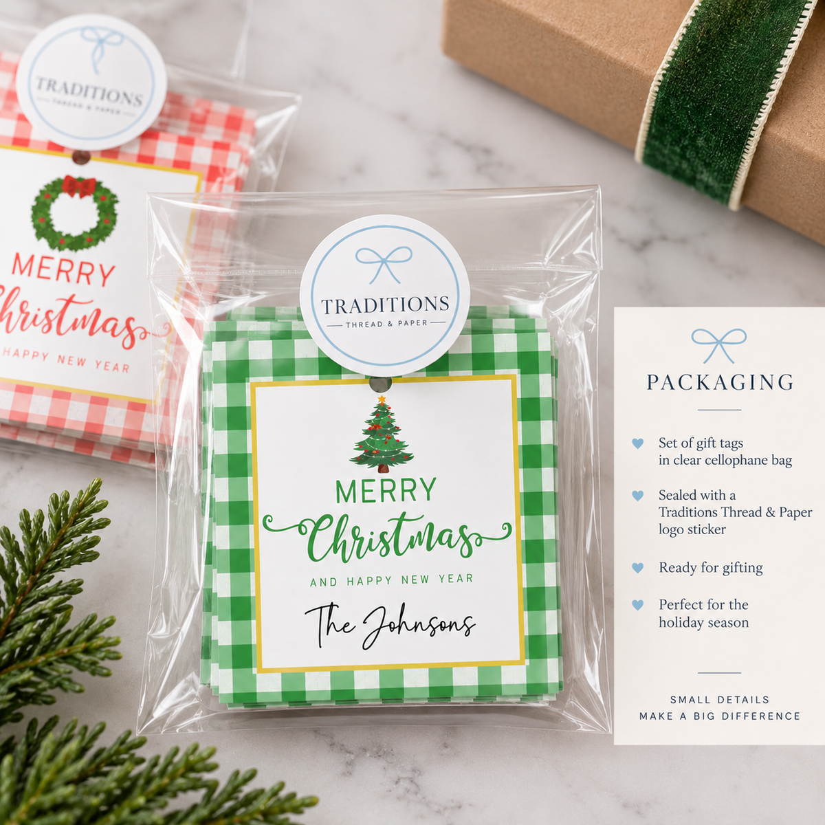 Personalized Christmas Gift Tags | Red & Green Gingham | Set of 24