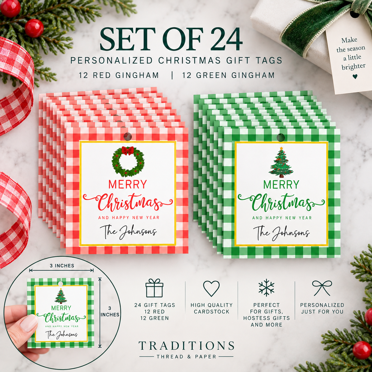 Personalized Christmas Gift Tags | Red & Green Gingham | Set of 24