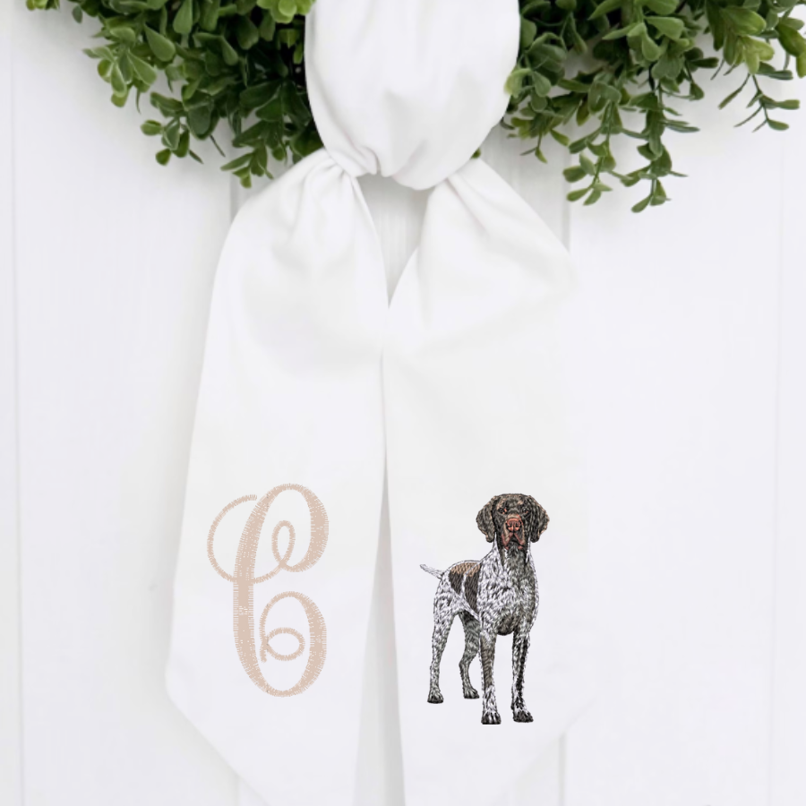 Personalized German Shorthaired Pointer Wreath Sash – Monogram “W” – Cotton & Canvas, 54" × 5"