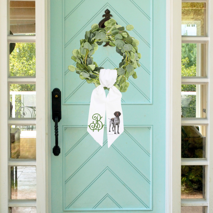 Personalized German Shorthaired Pointer Wreath Sash – Monogram “W” – Cotton & Canvas, 54" × 5"