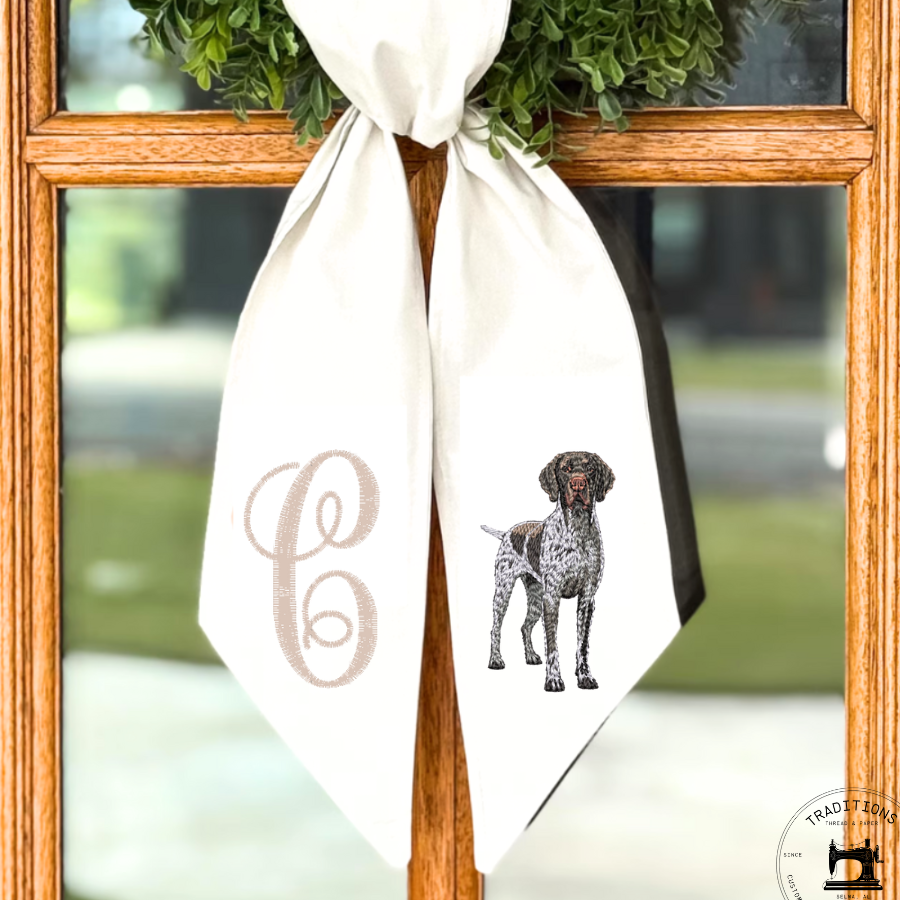 Personalized German Shorthaired Pointer Wreath Sash – Monogram “W” – Cotton & Canvas, 54" × 5"