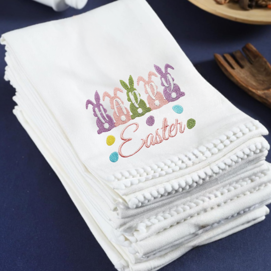 Happy Easter Embroidered Kitchen Towel – Bunny & Egg Design, Decorative Easter Tea Towel, Spring Table Decor Gift
