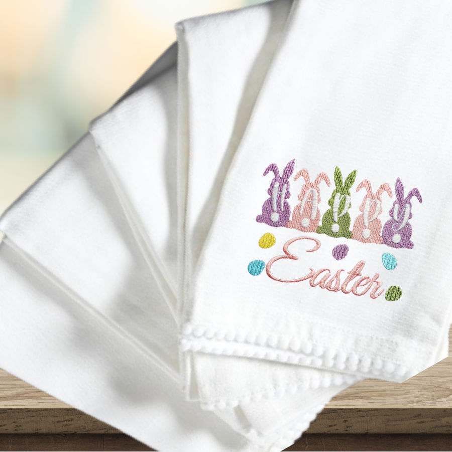 Happy Easter Embroidered Kitchen Towel – Bunny & Egg Design, Decorative Easter Tea Towel, Spring Table Decor Gift