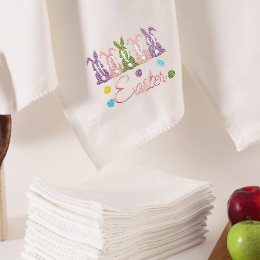 Happy Easter Embroidered Kitchen Towel – Bunny & Egg Design, Decorative Easter Tea Towel, Spring Table Decor Gift