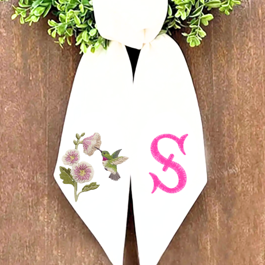 Personalized Hummingbird & Hollyhock Embroidered Wreath Sash