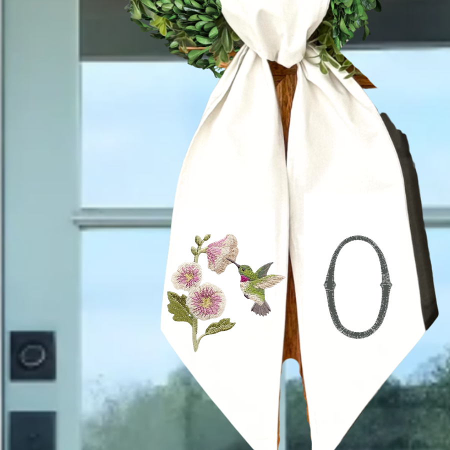 Personalized Hummingbird & Hollyhock Embroidered Wreath Sash