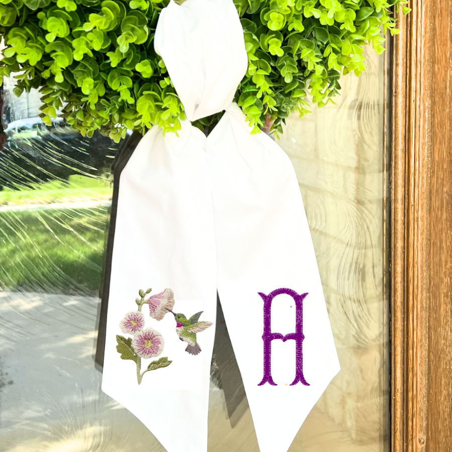 Personalized Hummingbird & Hollyhock Embroidered Wreath Sash