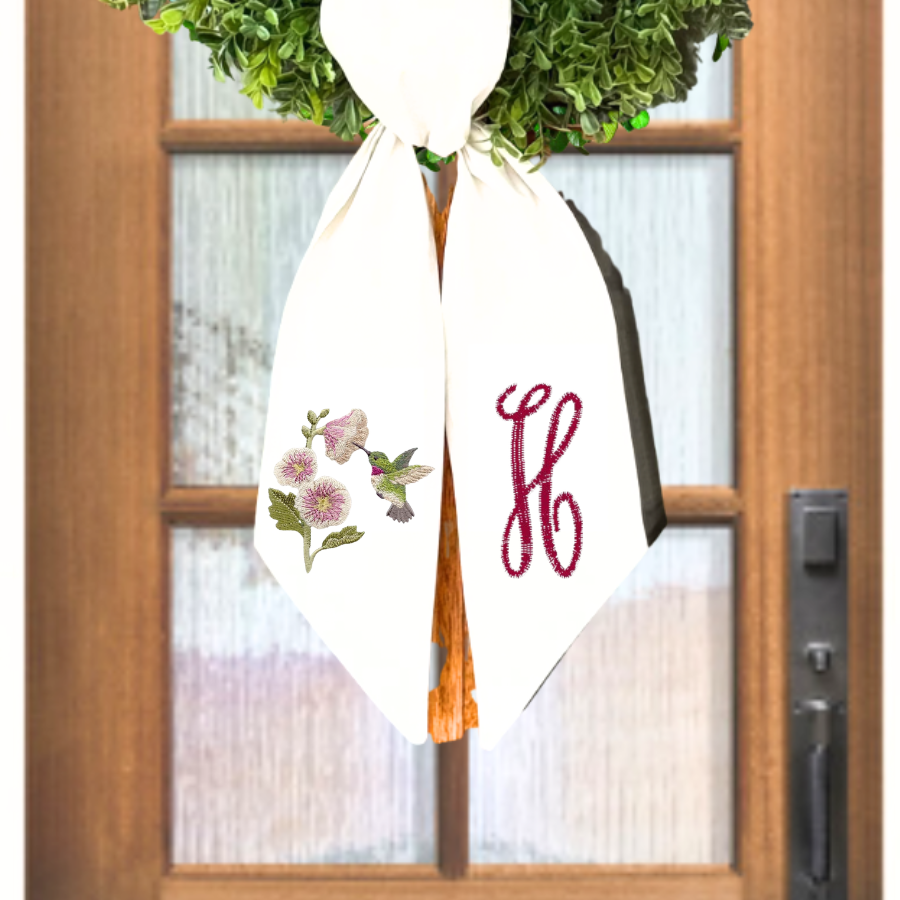 Personalized Hummingbird & Hollyhock Embroidered Wreath Sash