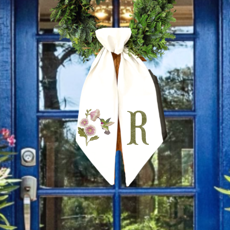 Personalized Hummingbird & Hollyhock Embroidered Wreath Sash