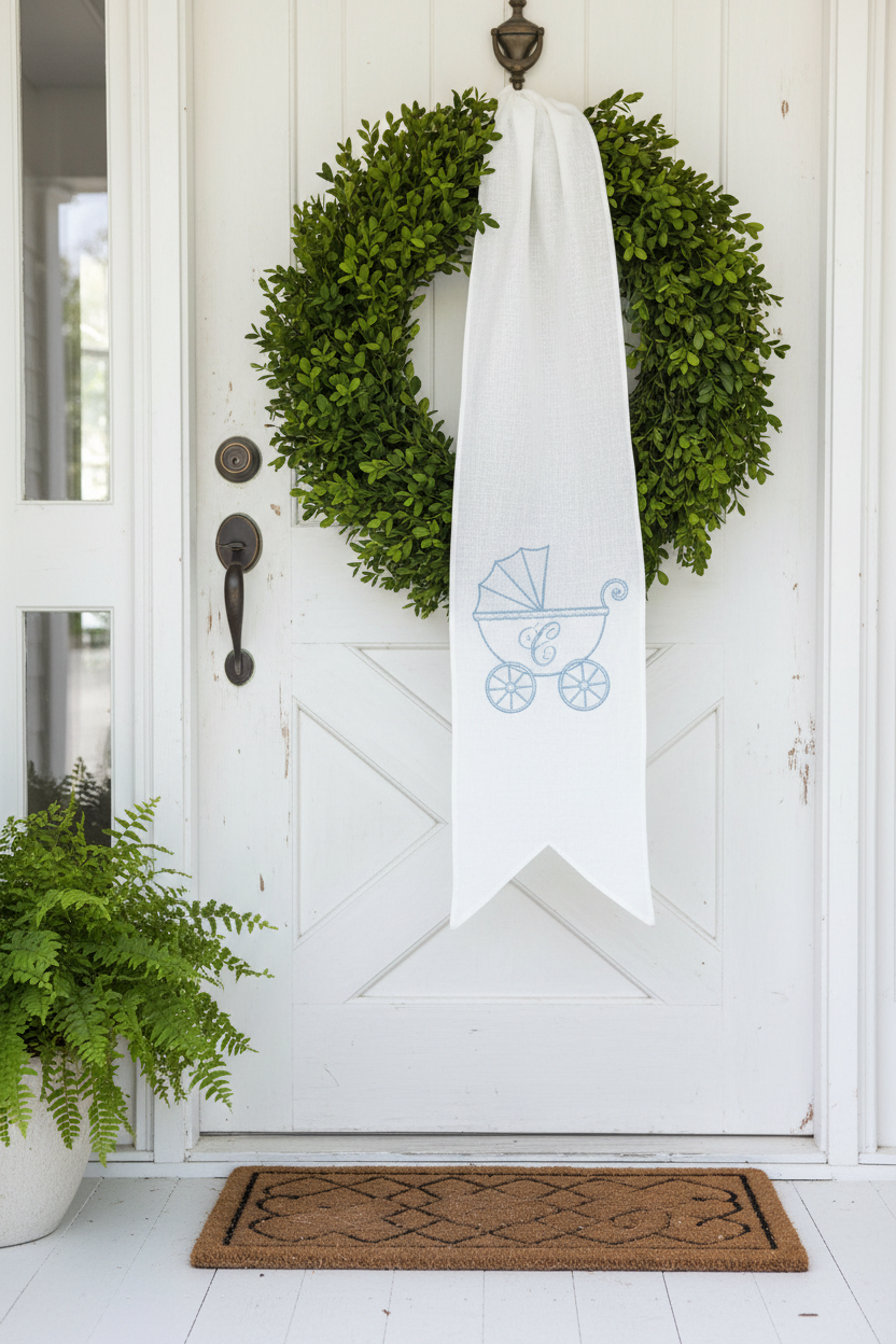 Personalized baby boy wreath sash with embroidered carriage and monogram draped over a boxwood wreath on a farmhouse front door