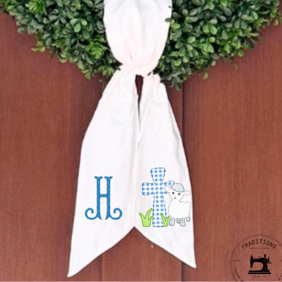 Personalized Easter Lamb Wreath Sash with Cross Appliqué | Blue Spring Door Decor | Custom Monogram Christian Wreath Sash