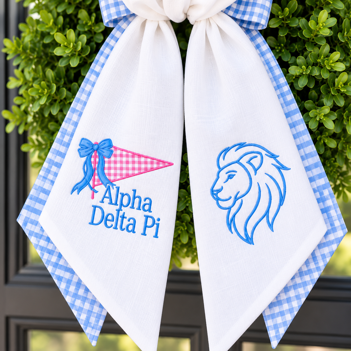 Alpha Delta Pi Layered Wreath Sash, Blue Gingham ADPi Sorority Door Decor