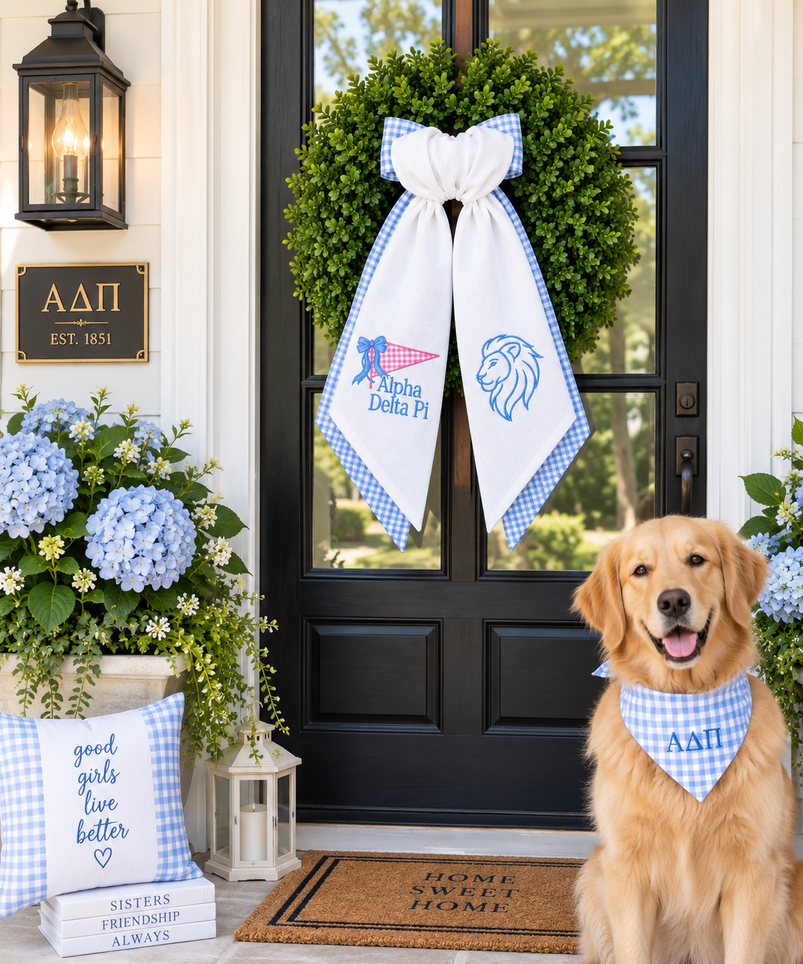 Alpha Delta Pi Layered Wreath Sash, Blue Gingham ADPi Sorority Door Decor