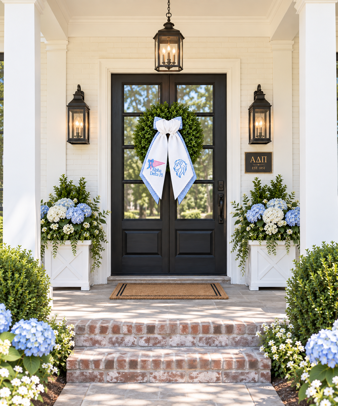 Alpha Delta Pi Layered Wreath Sash, Blue Gingham ADPi Sorority Door Decor