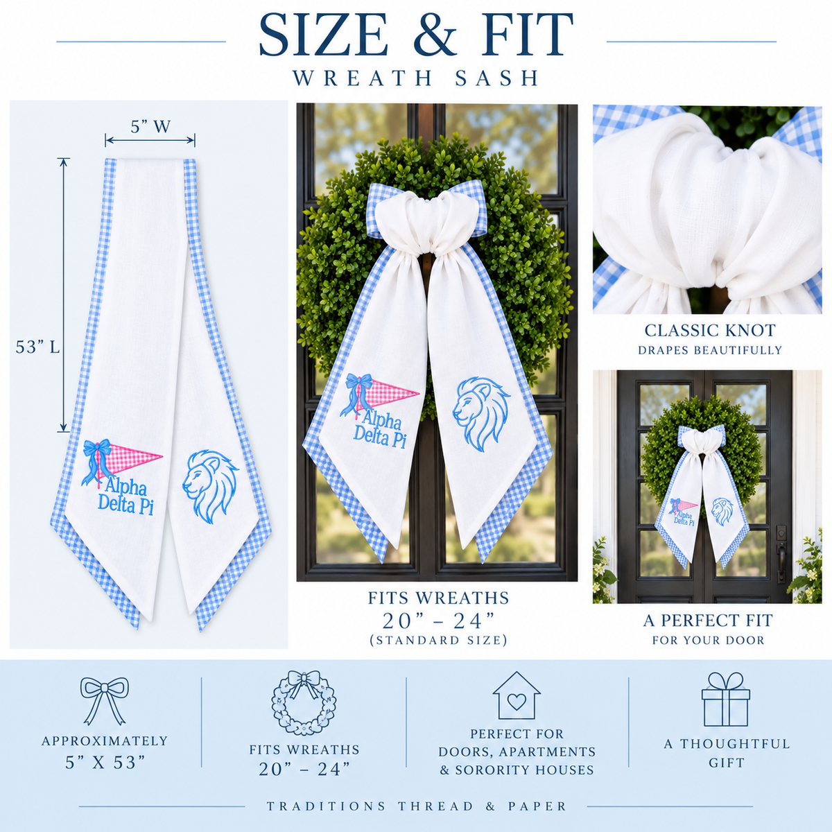 Alpha Delta Pi Layered Wreath Sash, Blue Gingham ADPi Sorority Door Decor