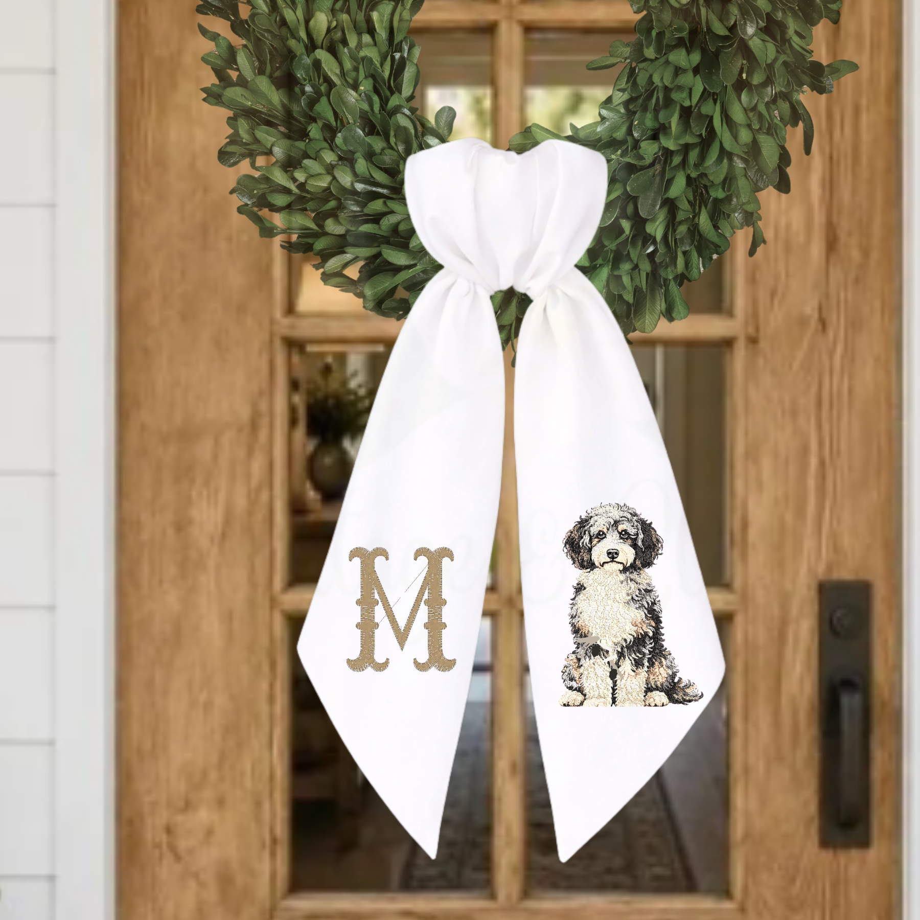 Aussiedoodle Wreath Sash with Monogram | Custom Dog Wreath Sash | Personalized Front Door Decor | Embroidered Aussiedoodle Gift