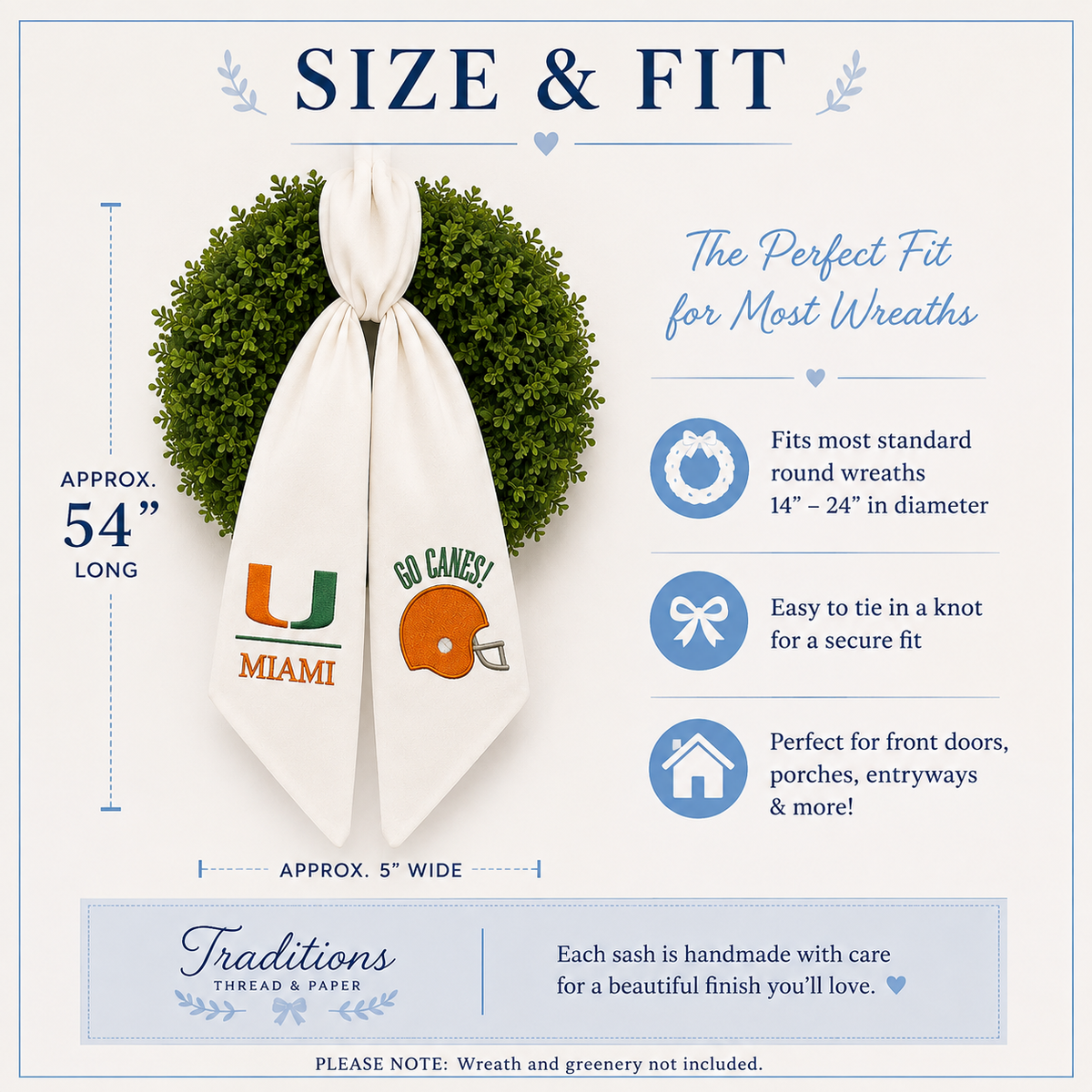 Miami Hurricanes Wreath Sash, Embroidered College Football Door Decor