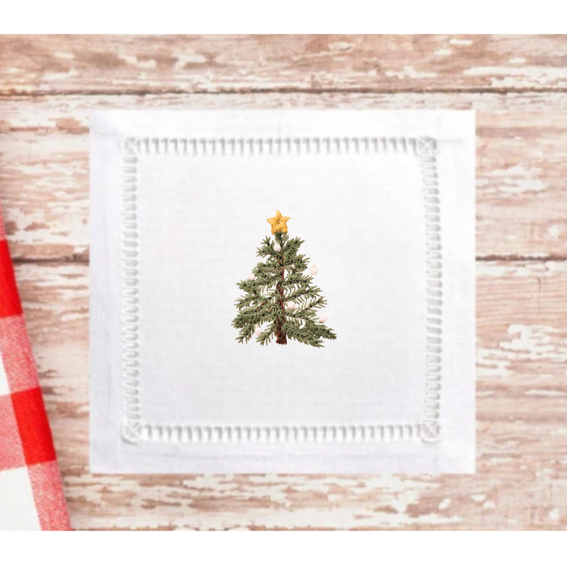 Vintage Christmas Tree Embroidered Cocktail Napkins – Set of 6