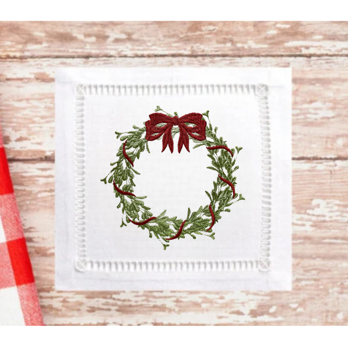 Embroidered Christmas Wreath Cocktail Napkins – Set of 6
