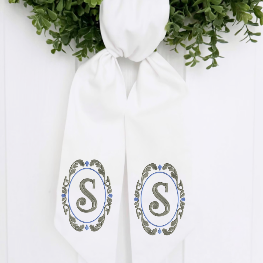 Personalized Oval Scroll Monogram Wreath Sash – “S” Initial – Cotton & Canvas, 54" × 5"