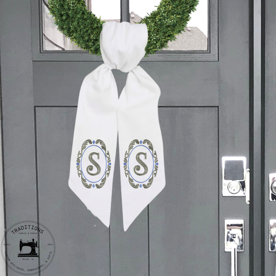 Personalized Oval Scroll Monogram Wreath Sash – “S” Initial – Cotton & Canvas, 54" × 5"