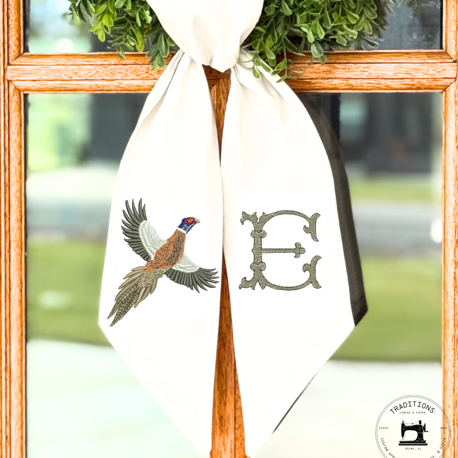 Embroidered Pheasant Wreath Sash – Personalized Monogram Door Decor