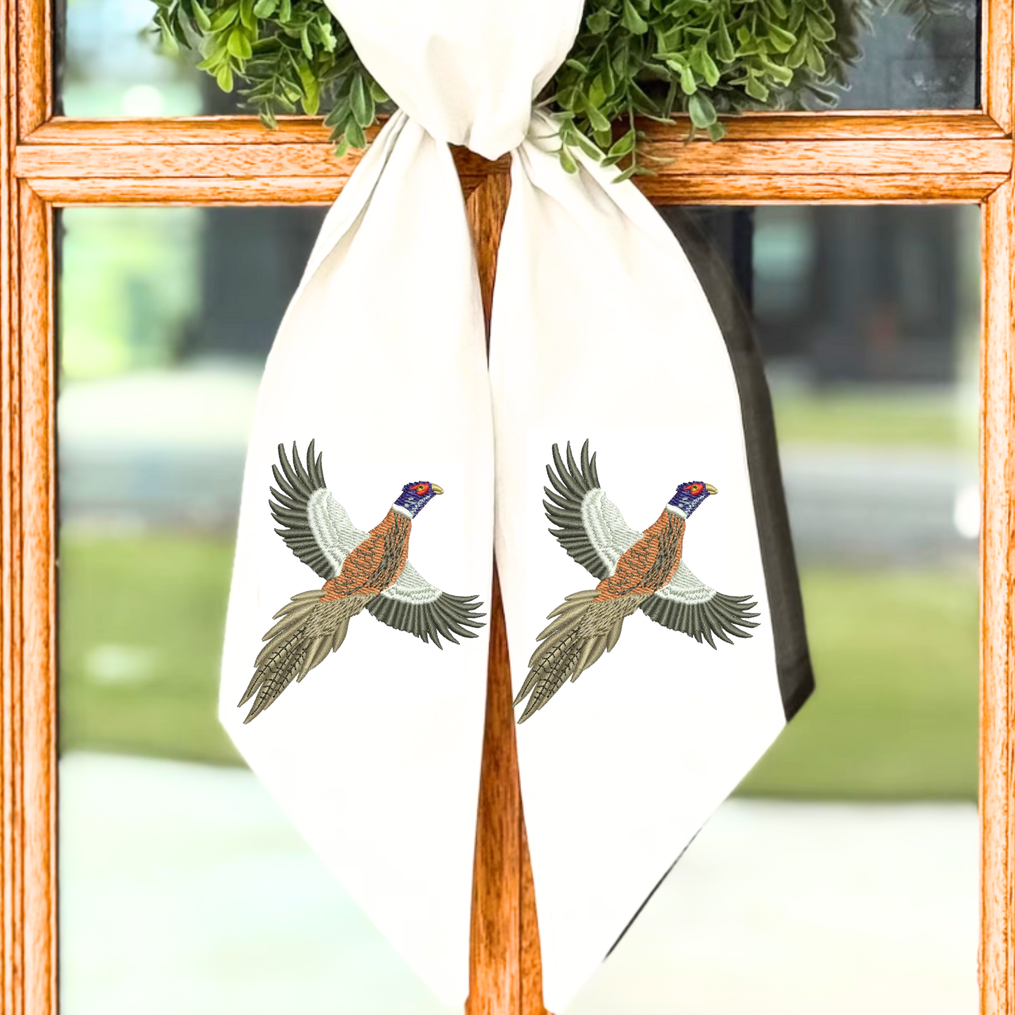 Embroidered Pheasant Wreath Sash – Personalized Monogram Door Decor