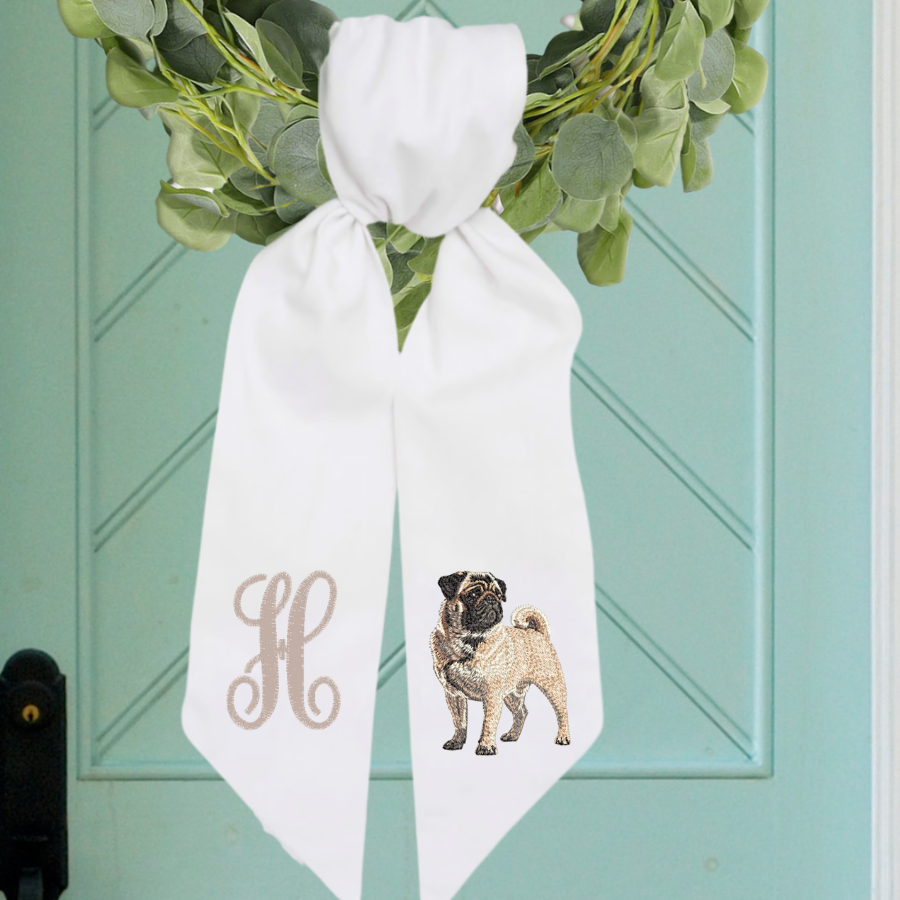 Personalized Pug Wreath Sash | Pug Front Door Decor | Custom Initial Dog Wreath Sash