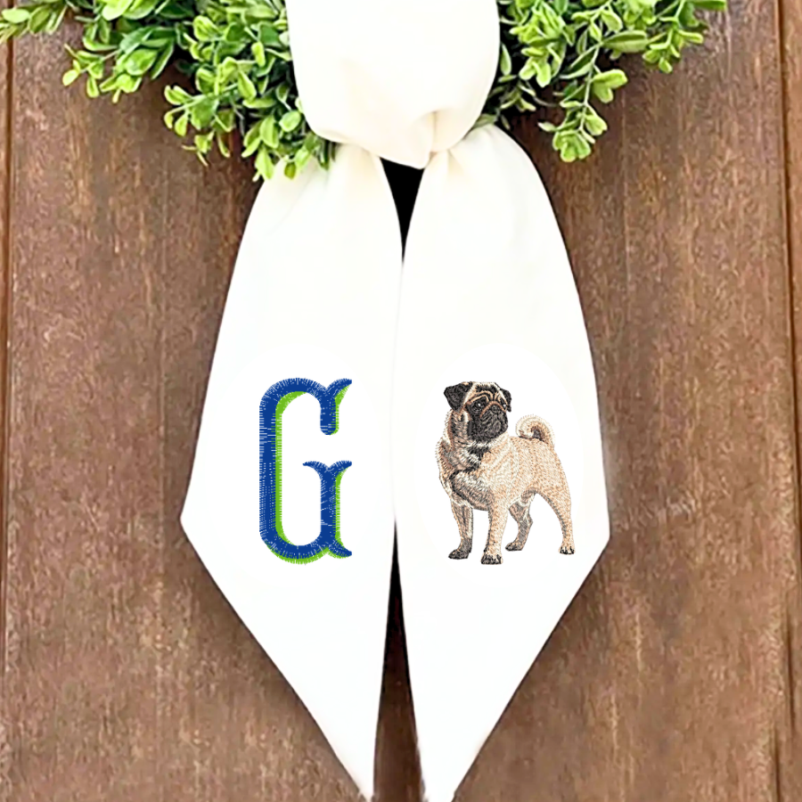 Personalized Pug Wreath Sash | Pug Front Door Decor | Custom Initial Dog Wreath Sash