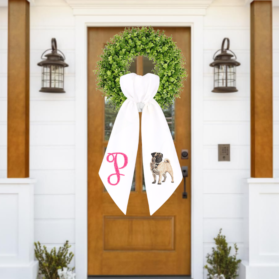 Personalized Pug Wreath Sash | Pug Front Door Decor | Custom Initial Dog Wreath Sash