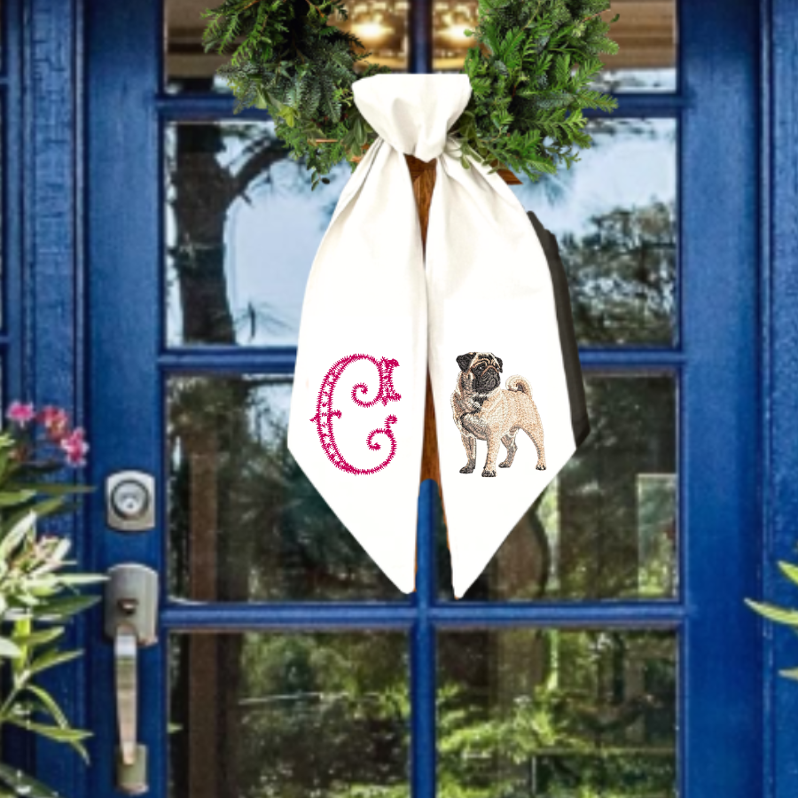 Personalized Pug Wreath Sash | Pug Front Door Decor | Custom Initial Dog Wreath Sash