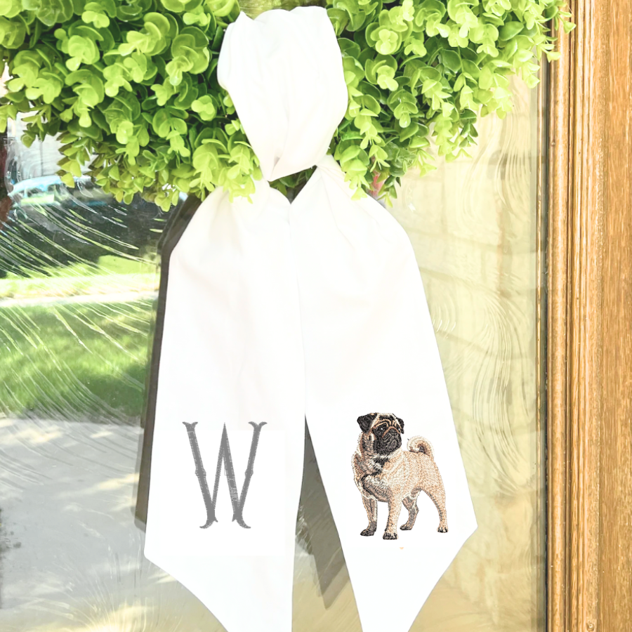 Personalized Pug Wreath Sash | Pug Front Door Decor | Custom Initial Dog Wreath Sash
