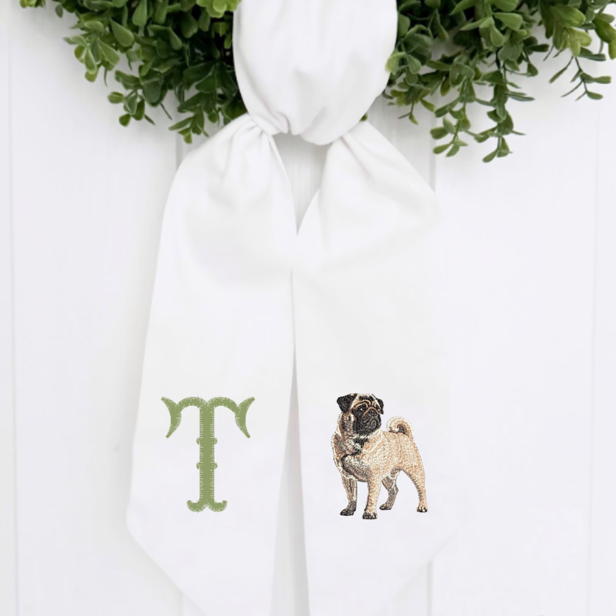 Personalized Pug Wreath Sash | Pug Front Door Decor | Custom Initial Dog Wreath Sash