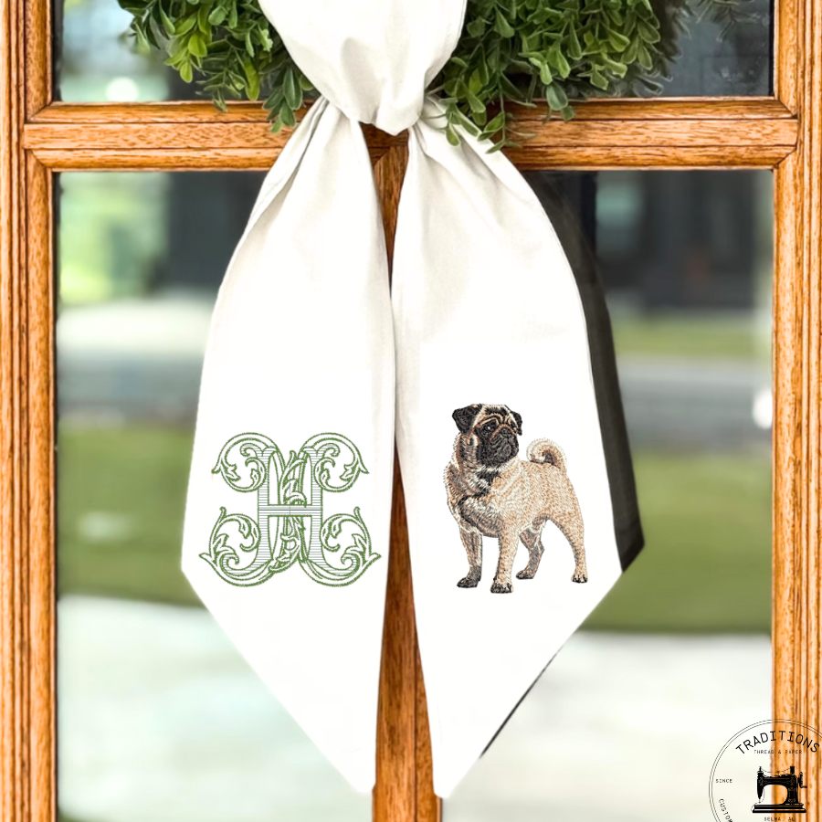 Personalized Pug Wreath Sash | Pug Front Door Decor | Custom Initial Dog Wreath Sash
