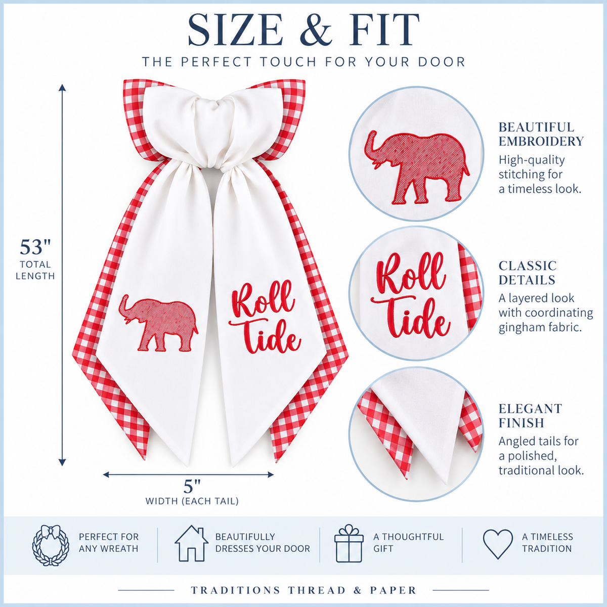 Roll Tide Alabama Elephant Layered Wreath Sash | Red Gingham Wreath Sash