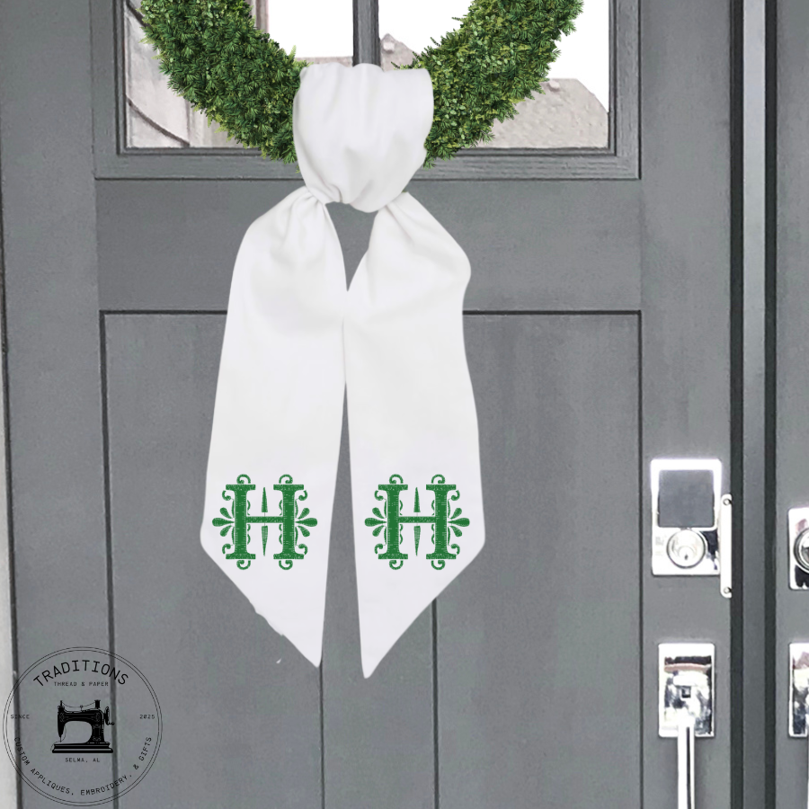 Personalized Green Monogram Wreath Sash – Ornate “H” Design – Cotton & Canvas, 54" × 5"