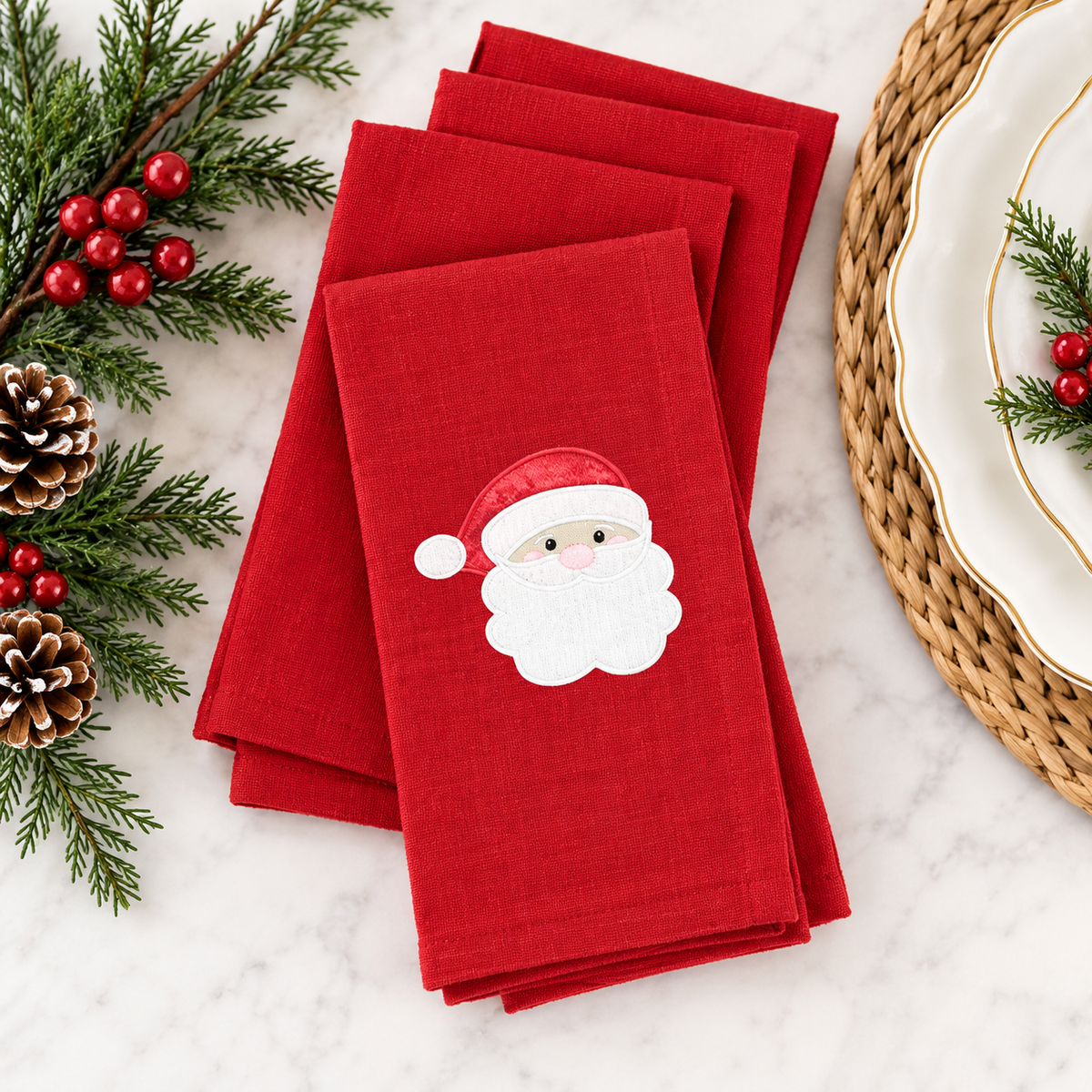 Santa Appliqué Christmas Dinner Napkin, set of 6 – Red or Green Gingham Hat