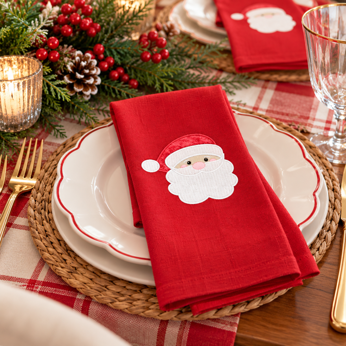 Santa Appliqué Christmas Dinner Napkin, set of 6 – Red or Green Gingham Hat