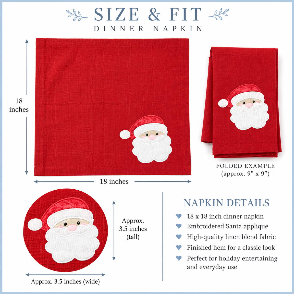 Santa Appliqué Christmas Dinner Napkin, set of 6 – Red or Green Gingham Hat