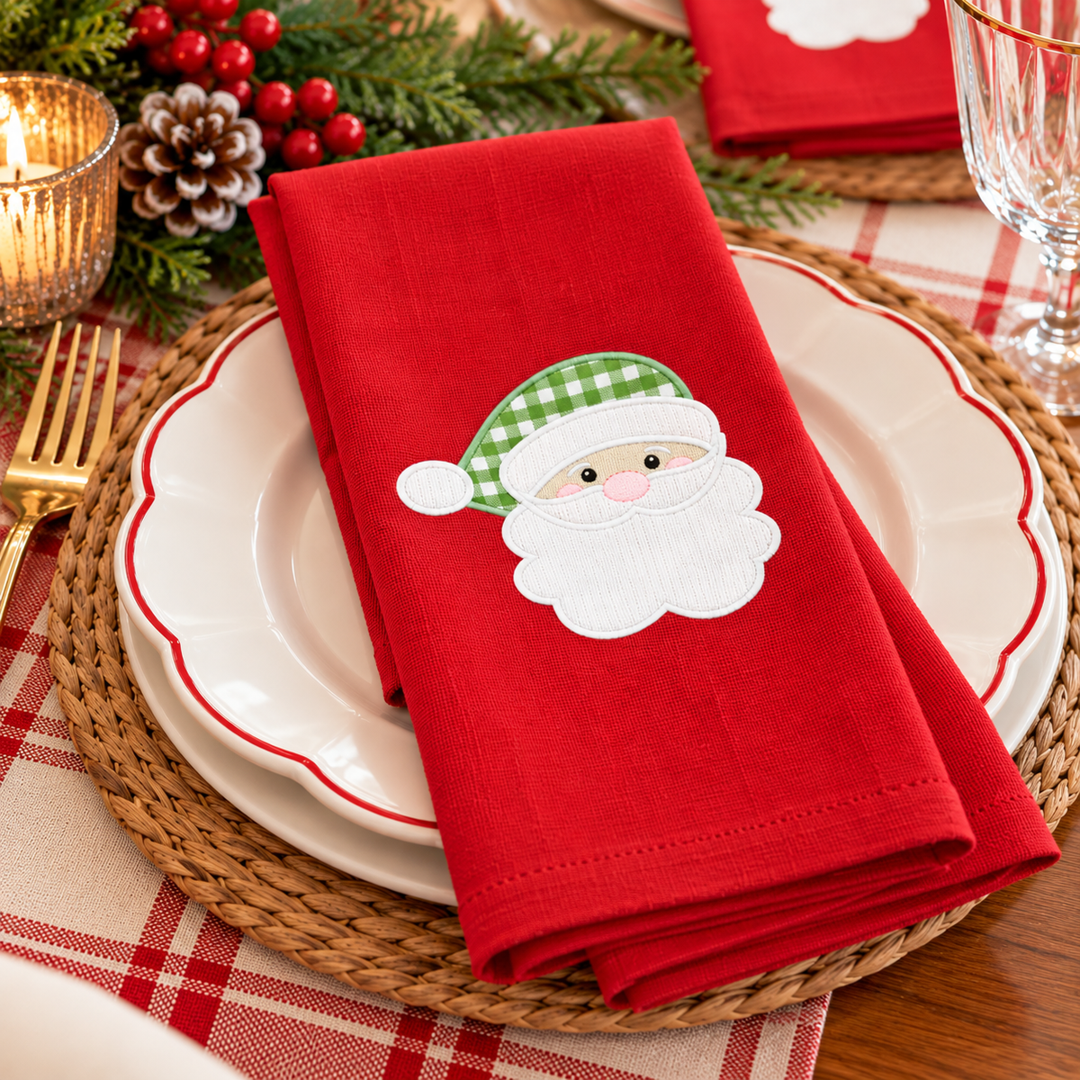 Santa Appliqué Christmas Dinner Napkin, set of 6 – Red or Green Gingham Hat