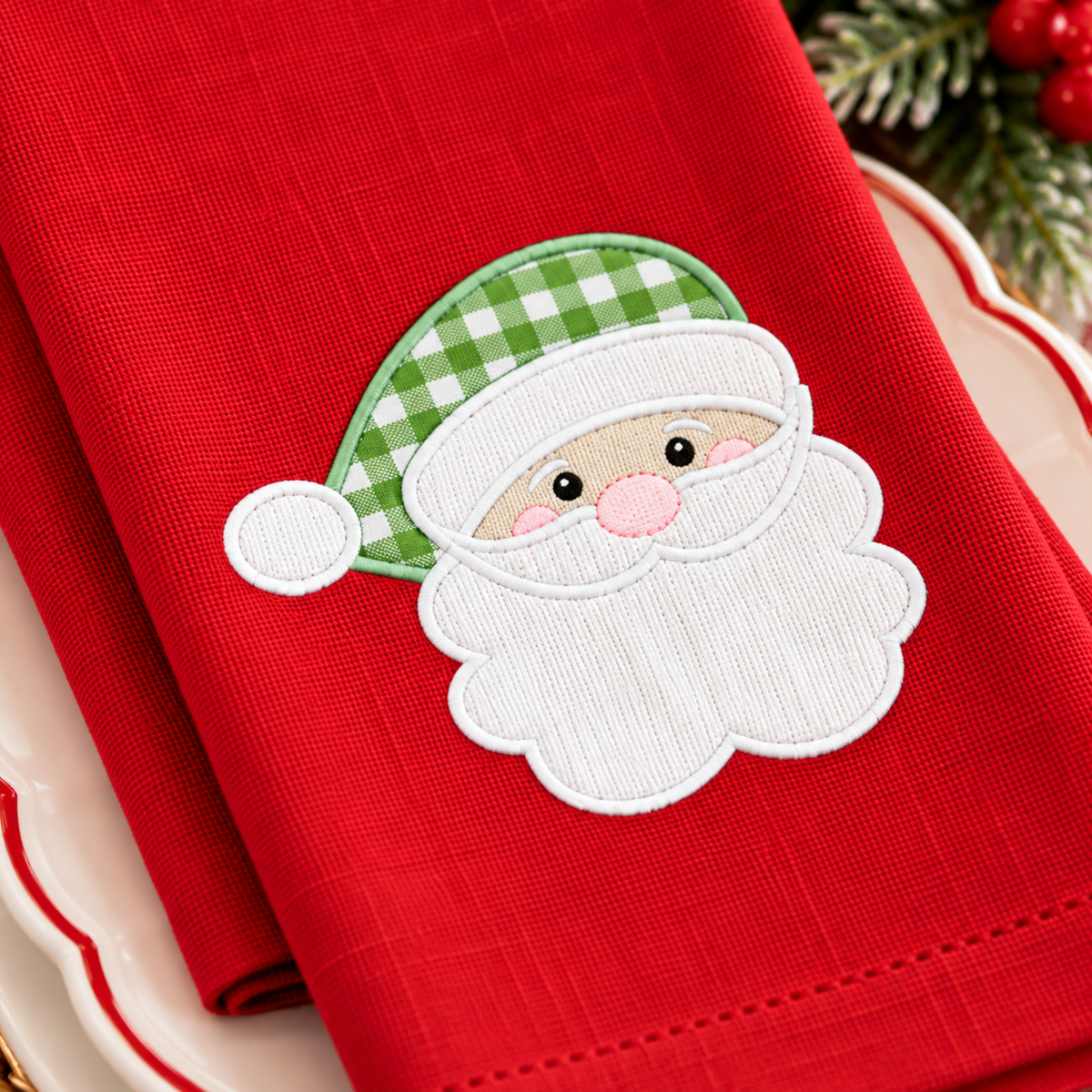 Santa Appliqué Christmas Dinner Napkin, set of 6 – Red or Green Gingham Hat