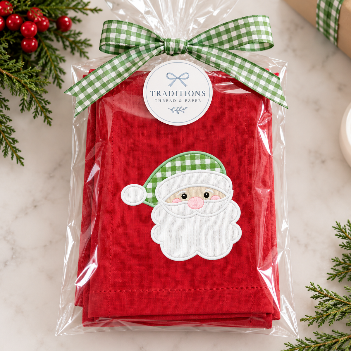 Santa Appliqué Christmas Dinner Napkin, set of 6 – Red or Green Gingham Hat
