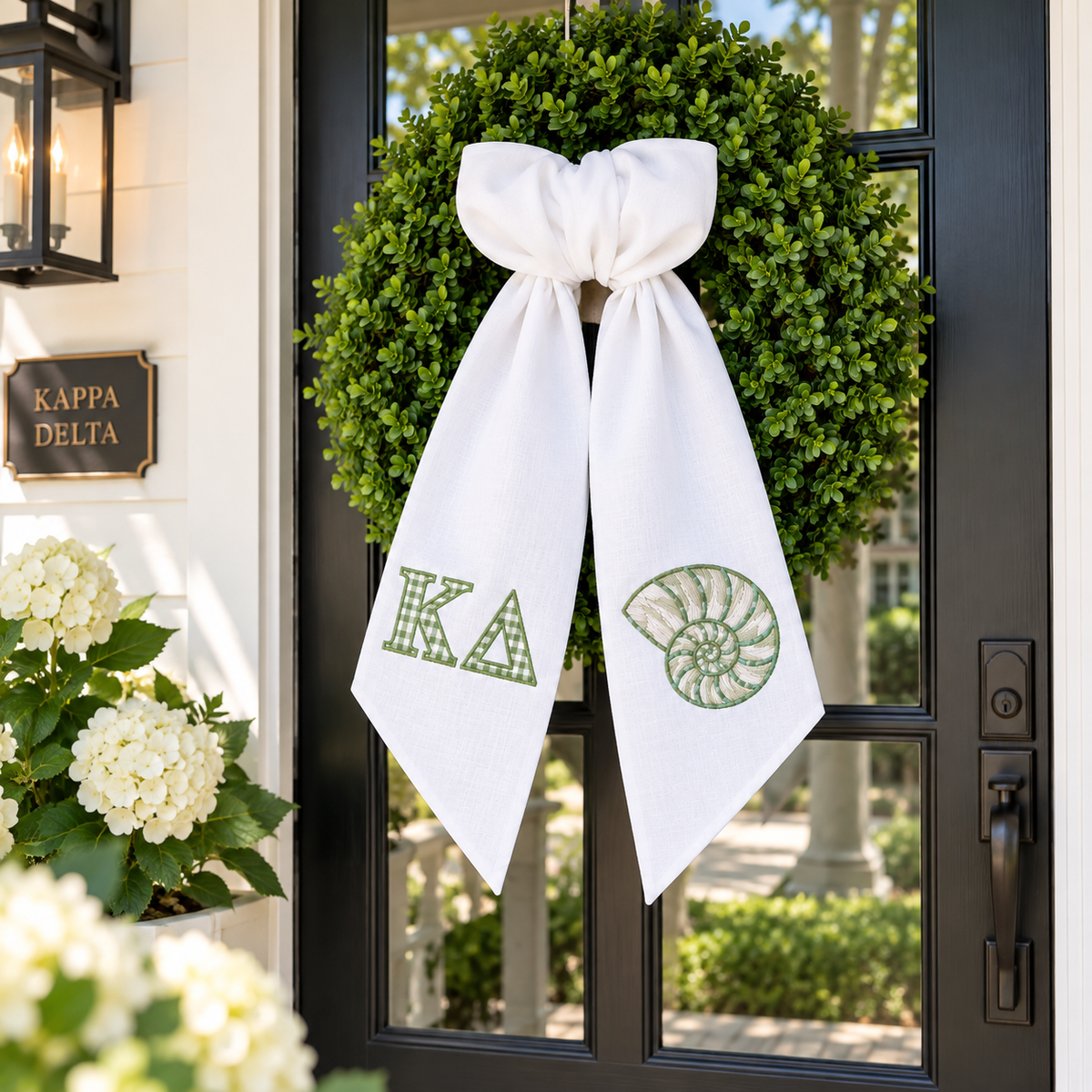 Kappa Delta Wreath Sash, Green Gingham KD Sorority Door Decor, Nautilus Shell Sorority Gift