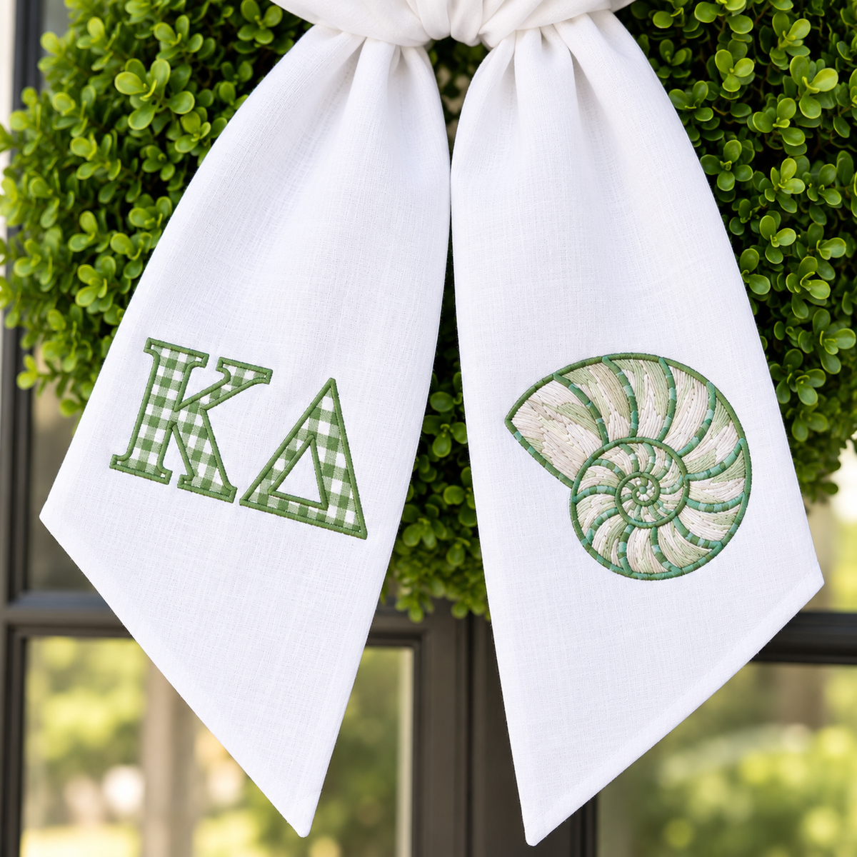 Kappa Delta Wreath Sash, Green Gingham KD Sorority Door Decor, Nautilus Shell Sorority Gift